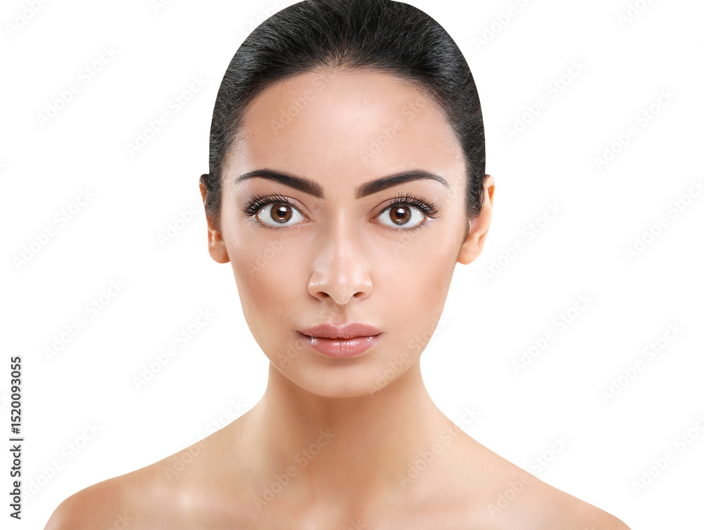 © Prostock-studio - Beautiful indian girl with perfect skin make up closeup. Beauty and health care. Ideal closeup portrait of brunette, isolated on white background