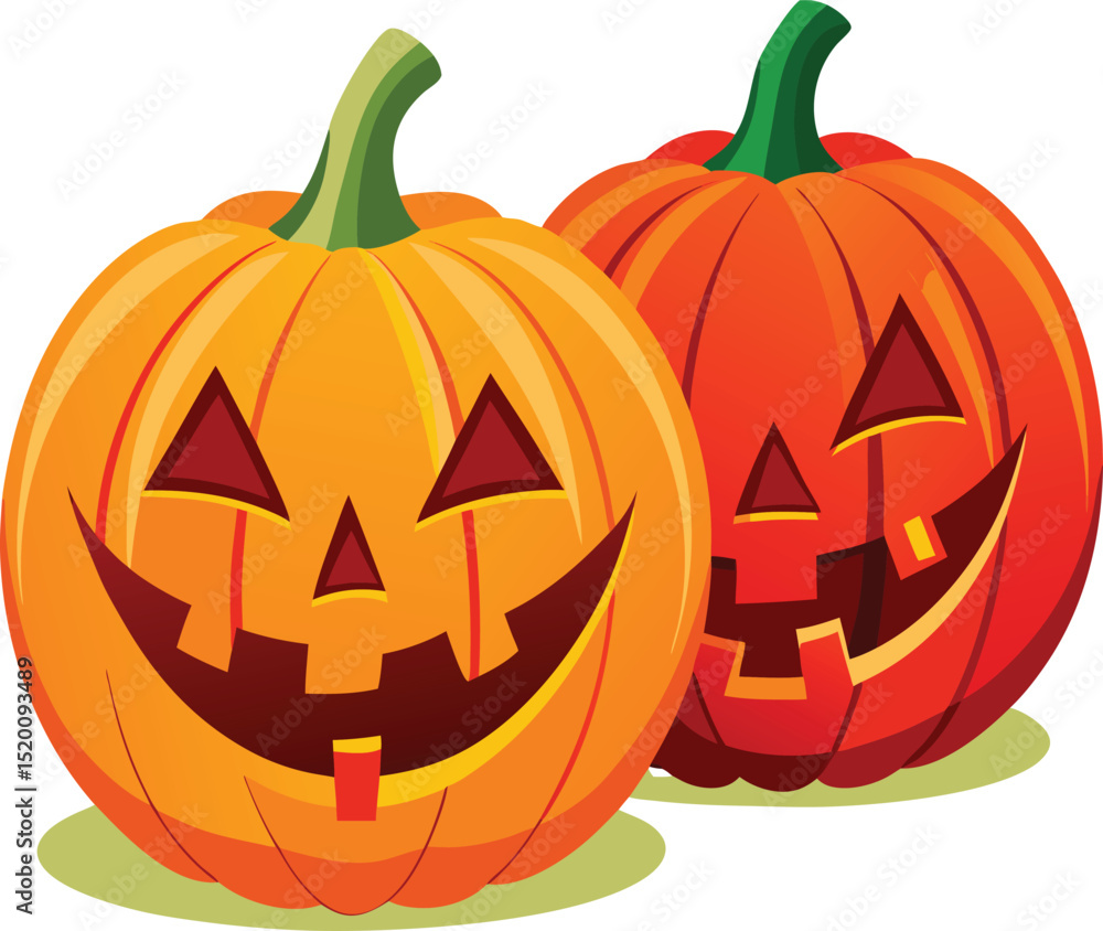 Fototapeta premium Two Cartoon Jack O Lanterns with Smiling Faces on White Background