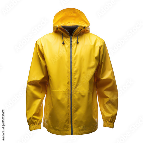 Yellow rain jacket with hood isolated on transparent background
