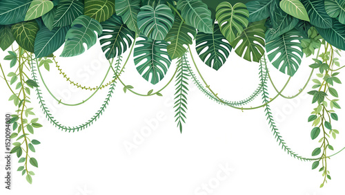 Lush tropical foliage with monstera leaves and hanging vines, isolated on transparent background, creating a vibrant and exotic botanical illustration