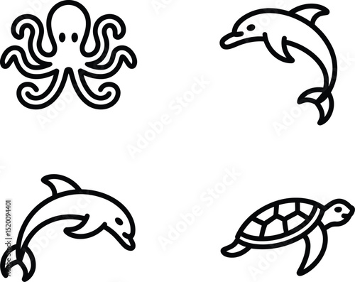 A simple line drawing illustration featuring an octopus, two dolphins, and a turtle on a white background