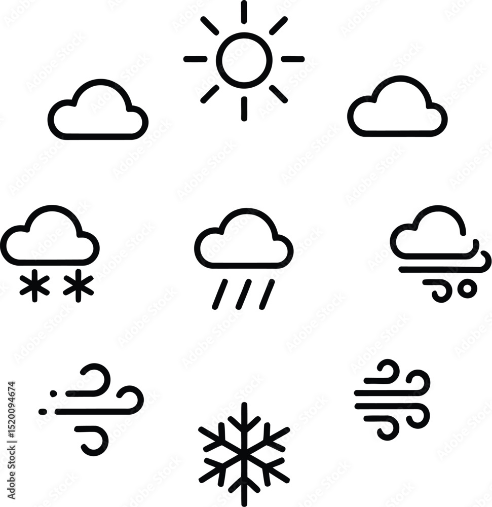 Fototapeta premium Weather icons arranged in a circle including sun clouds rain snow wind and snowflake on a light background
