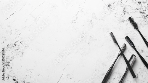 Monochromatic beauty tools on textured white backdrop, arranged symmetrically