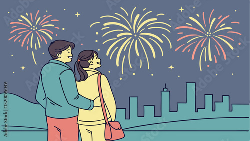 Couple watching fireworks display new year celebration vector illustration cityscape background