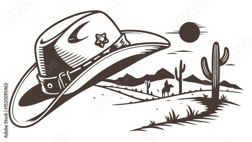 Vintage cowboy hat sheriff badge desert landscape vector illustration western theme clip art design graphic