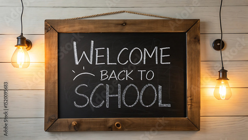 Welcome back to school chalkboard sign with vintage light bulbs on wooden wall