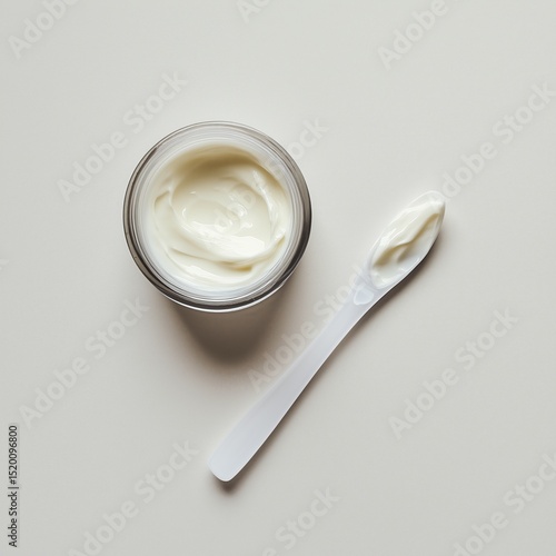 Creamy cosmetic moisturizer in glass jar with a spatula on a light background during natural light setting
