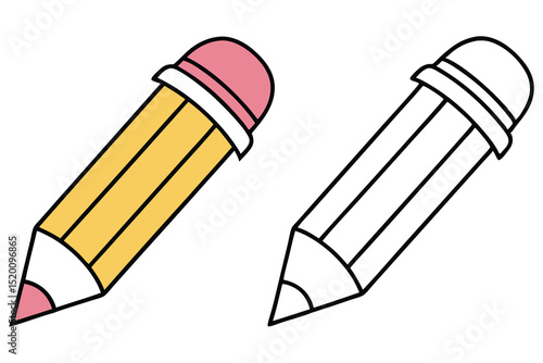 One yellow pencil features a pink eraser next to its black and white outline version