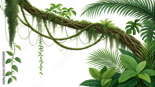 Jungle vines and tropical leaves isolated on transparent background, lush greenery with hanging lianas, exotic foliage, botanical illustration