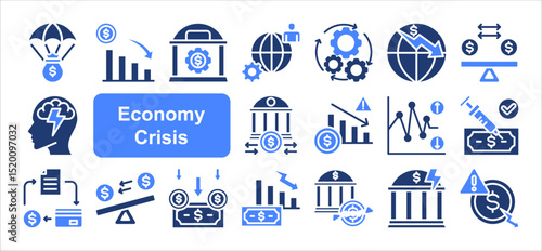 Economy Crisis icon collection set. Containing depressions, economic downturn, financial meltdown, stock marker cash, recession, credit crunch, default, trade war icon. Simple line vector.