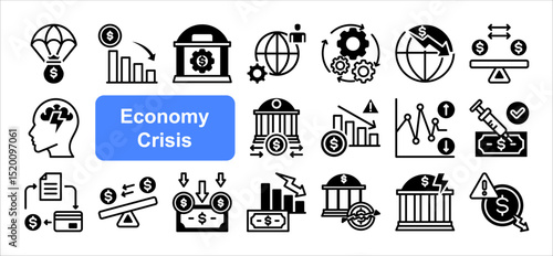 Economy Crisis icon collection set. Containing depressions, economic downturn, financial meltdown, stock marker cash, recession, credit crunch, default, trade war icon. Simple line vector.