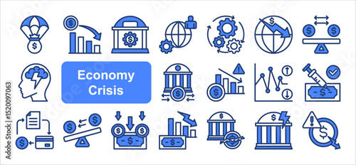 Economy Crisis icon collection set. Containing depressions, economic downturn, financial meltdown, stock marker cash, recession, credit crunch, default, trade war icon. Simple line vector.