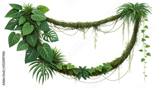 Jungle vines with tropical leaves, lianas, and moss hanging down, isolated on transparent background. Lush rainforest vegetation with philodendron and palm leaves