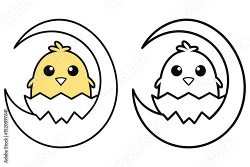 Two newly hatched cartoon chicks sit within their cracked egg shells side by side