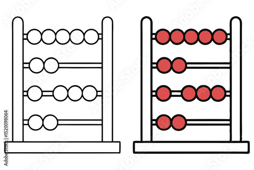Two similar abacuses show progression from simple addition problem, one colored in red and the other outline