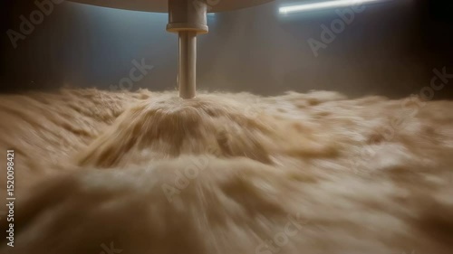 Industrial mixer blending thick viscous substance, generating dynamic swirling patterns and intricate textures within large manufacturing processing vat, demonstrating powerful mechanical agitation
