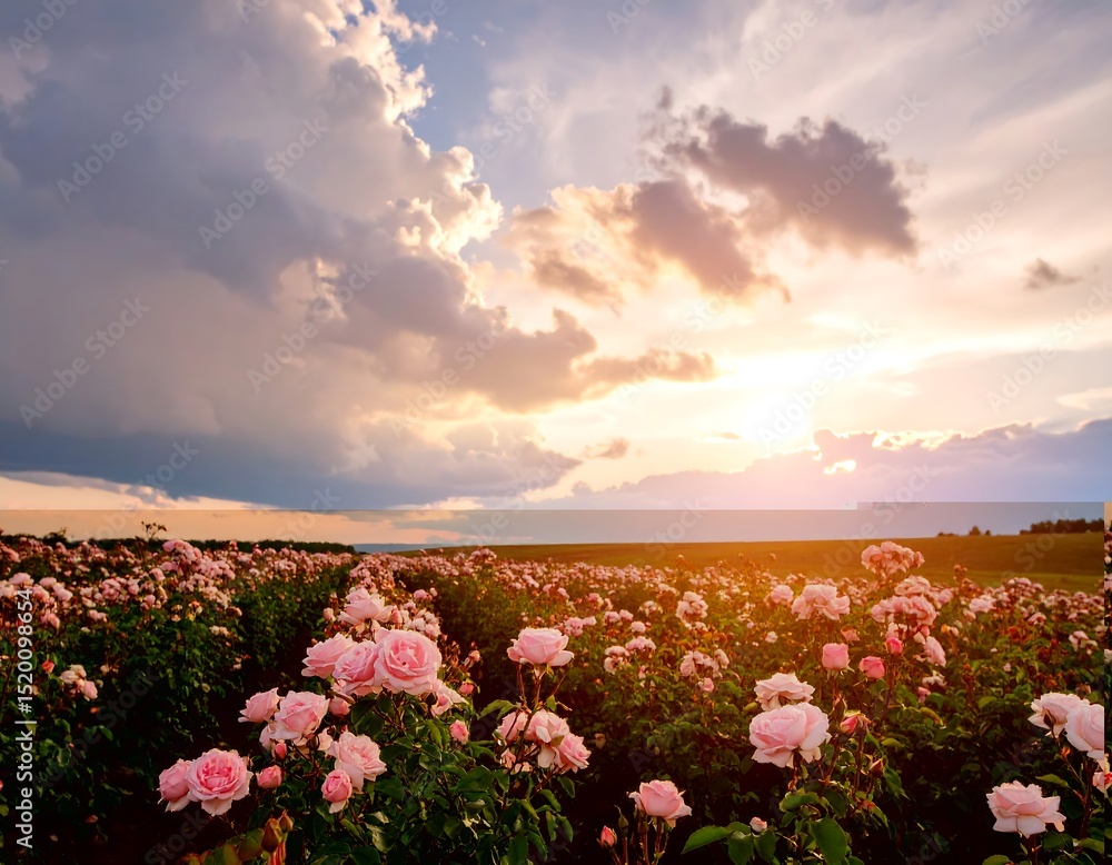 Obraz premium Pink rose field at sunset