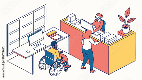 Office accessibility and inclusion illustration featuring diverse workers and wheelchair access design