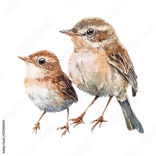 watercolor of A Mother Wren With Her Kid, vector high quality, isolated on a white background.