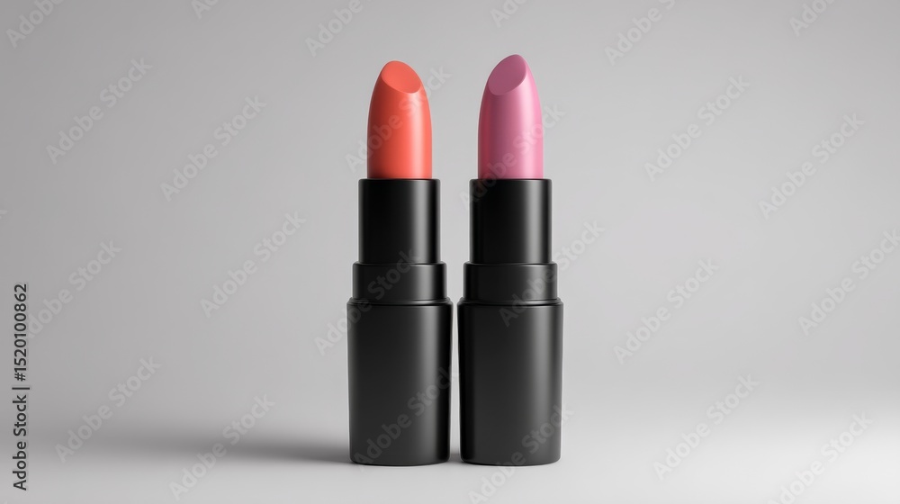 Two stylish lipsticks in vibrant shades on a minimalistic background. Two stylish lipsticks in vibrant shades on a minimalistic background.