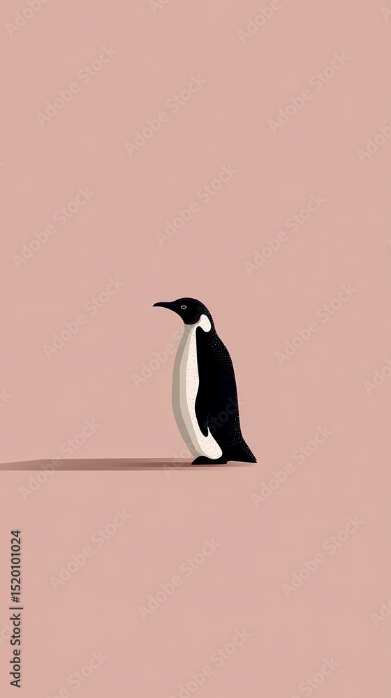 Fototapeta premium An adorable penguin stands against a delicate pastel pink background in this clean, minimalist illustration. With its soft color palette and generous blank space, this charming artwork is perfect for