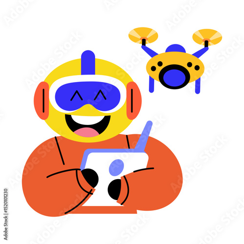 A flat style illustration showing a character flying drone