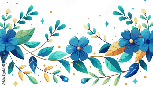 Elegant horizontal garland with ocean blue blossoms and teal vines, on white background. abstract floral background