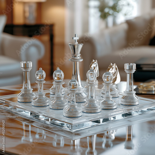 Beautiful glass chess set displayed elegantly on table
