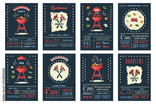 BBQ party. American 4th of July Celebration. Set of Set of barbecue invitation. Holiday card, poster, banner, flyer template for bbq picnic. Vector illustration with brazier, steaks, vegetables