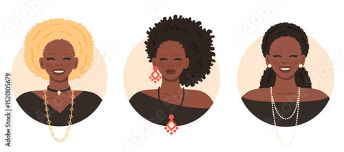 African American Women portrait set. Black woman face with hairstyles, emotions, accessories. African girls Avatars. Female model in different style and outfit. Vector illustration