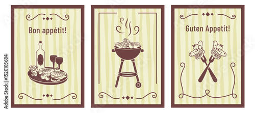 Hand drawn doodle Vintage posters with Mediterranean elements. Summer picnic. Barbecue party. Dolce vita picnic setting. Set of BBQ card in retro style. Vector illustration for menu, cafe, invitations