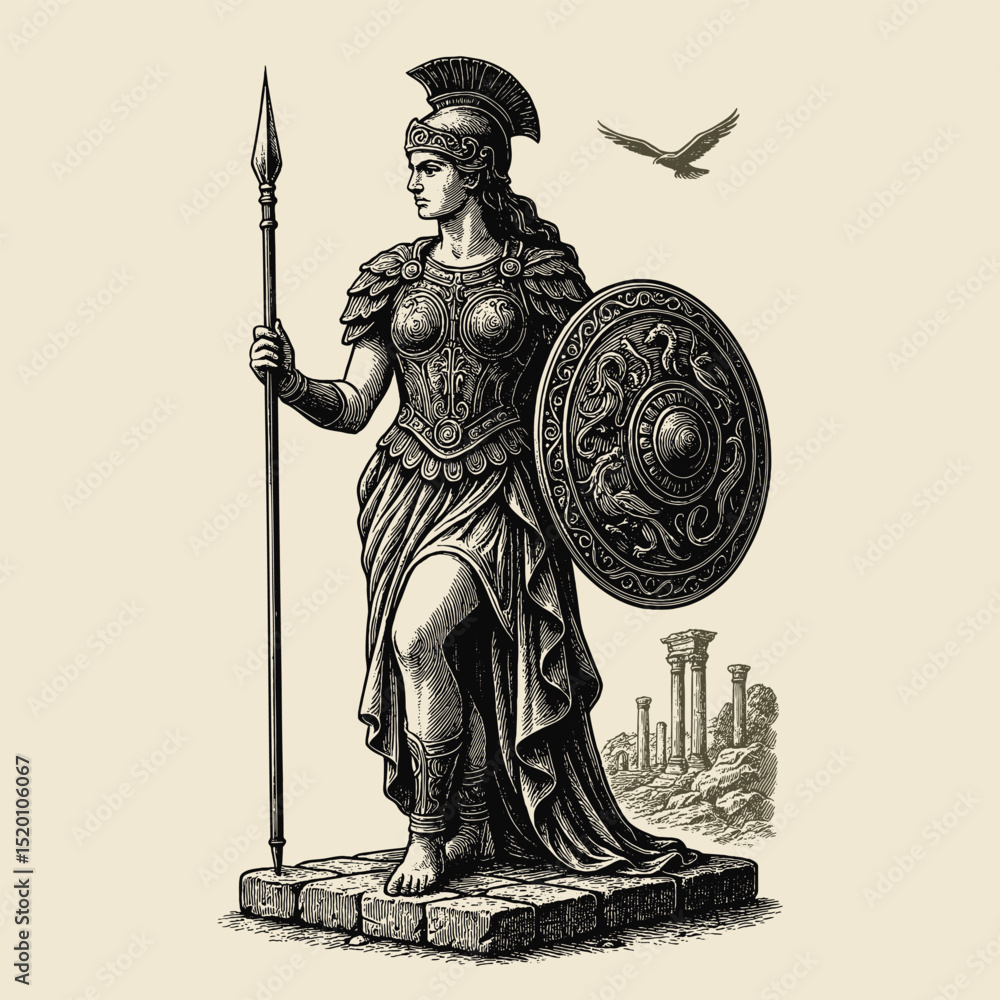 Obraz premium Athena warrior woman engraving style vector illustration