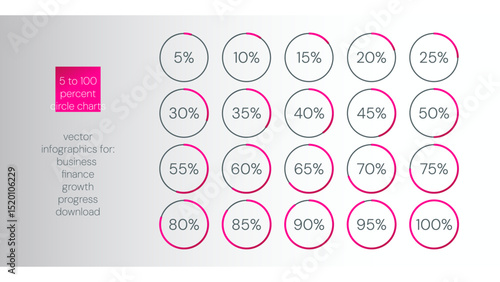 5 10 15 20 25 30 33 35 40 45 50 55 60 65 70 75 80 85 90 95 100 percent charts. Vector percentage infographics. Diagrams set. Illustrations for business, finance, download