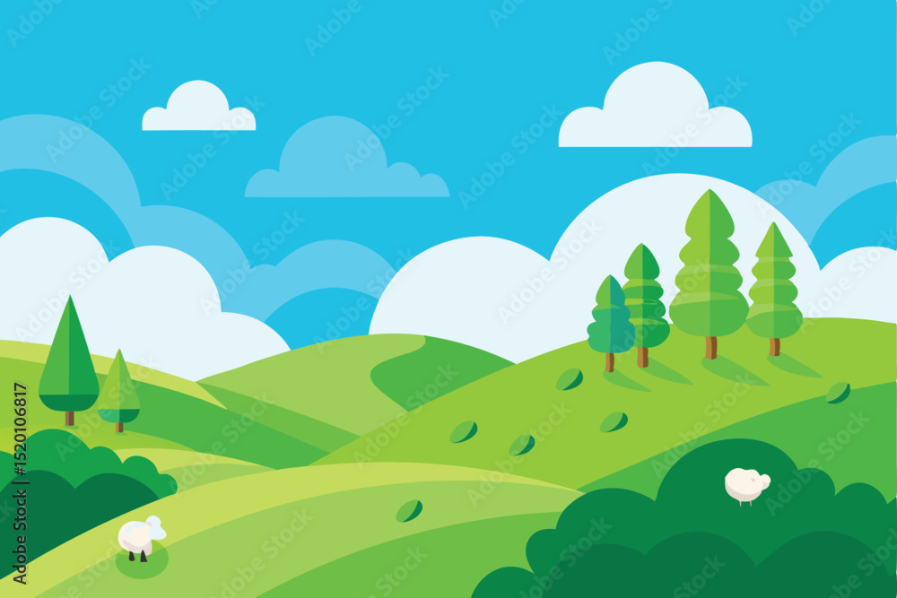 Hillside with sheep grazing under cloudy sky vector illustration
Hillside with sheep grazing under cloudy sky vector illustration