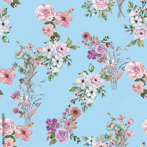Modern floral repeat pattern with abstract style flowers
