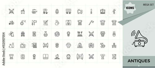 Antiques icon set. Outline icons collection. Pictograms of exhibit, culture, history, art, archaeologic, mediaeval, heritage. Pictogram and infographic. Archaeology linear icon collection.