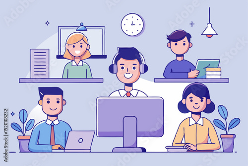 Office team, collaboration scene, workspace synergy, work efficiency, team cooperation, work progress, professional development, group task, work management, team synergy.