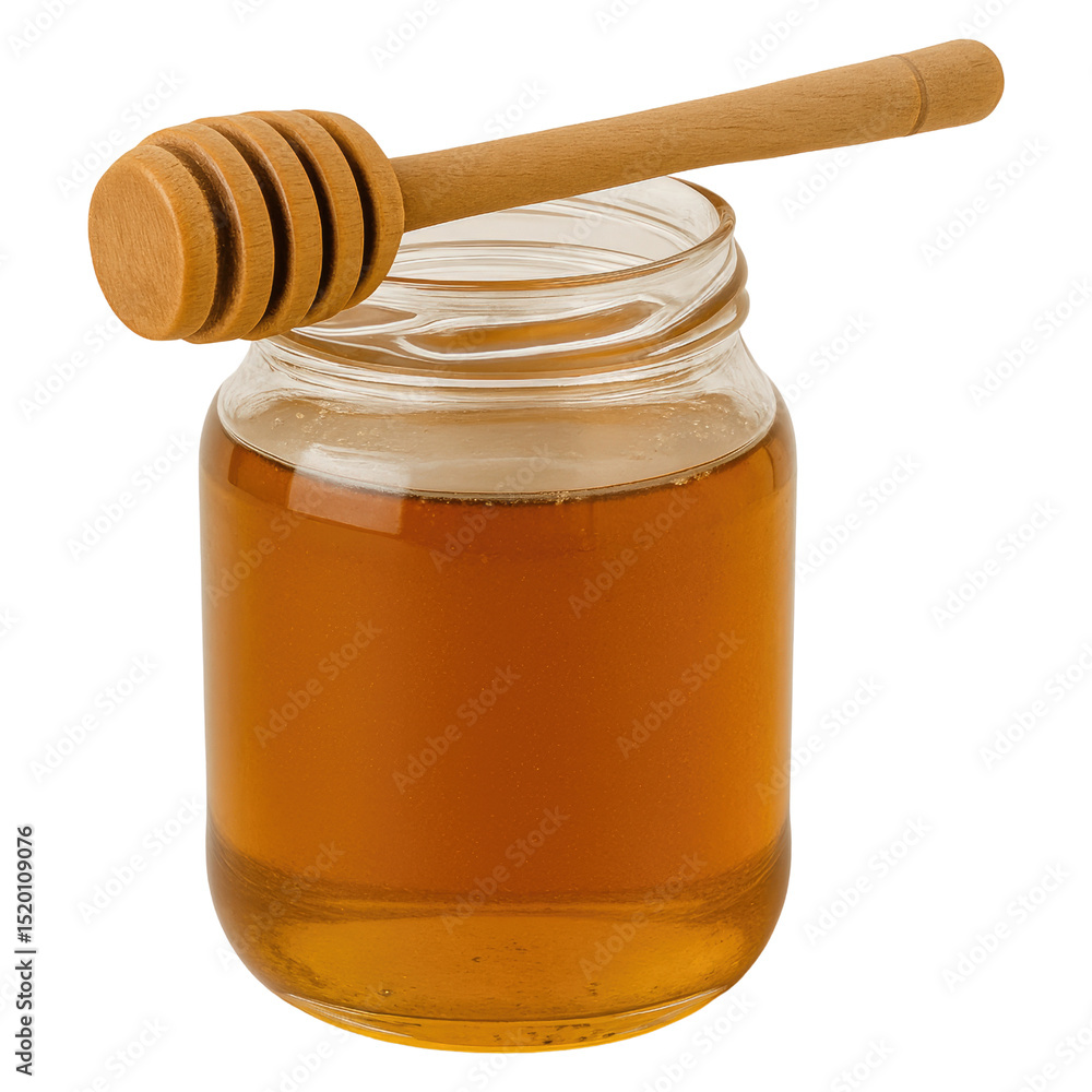 Golden Honey in Glass Jar with Wooden Honey Dipper Delicious Sweet Treat Golden Honey in Glass Jar with Wooden Honey Dipper Delicious Sweet Treat