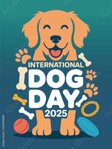 Colorful Golden Retriever Character for International Dog Day 2025 with Dog Toys and Accessories