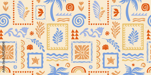 Vector hand drawn seamless pattern graphics with silhouette summer and vacation illustrations, print design template, tropical illustrations, frames and borders in simple trendy naive cut out style wi