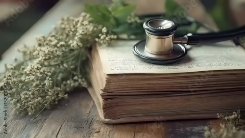 Vintage Medical Book Still Life with Stethoscope and Dried Wildflowers Composition