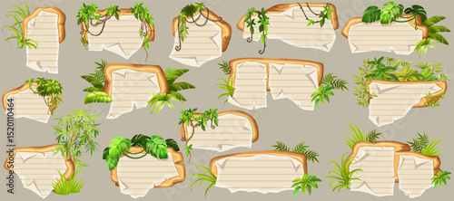 Game panels in jungle with liana branches and leaves, ivy. Set isolated wooden elements with old paper, with school page in line, ragged graph paper. Vector signboards with school page.