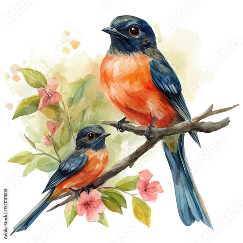 A Mother Trogon With Her Kid, watercolor drawing vector, high quality, isolated on a white background.