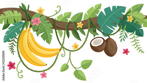 Tropical arrangement with bananas, coconuts, flowers, and leaves isolated on white background