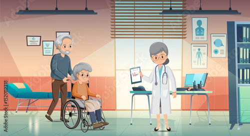 A warm and compassionate medical consultation scene featuring an elderly couple visiting a doctor.