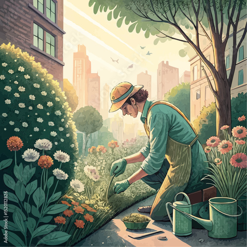  Gardener content tending to flowers in an urban garden against a city skyline at sunrise