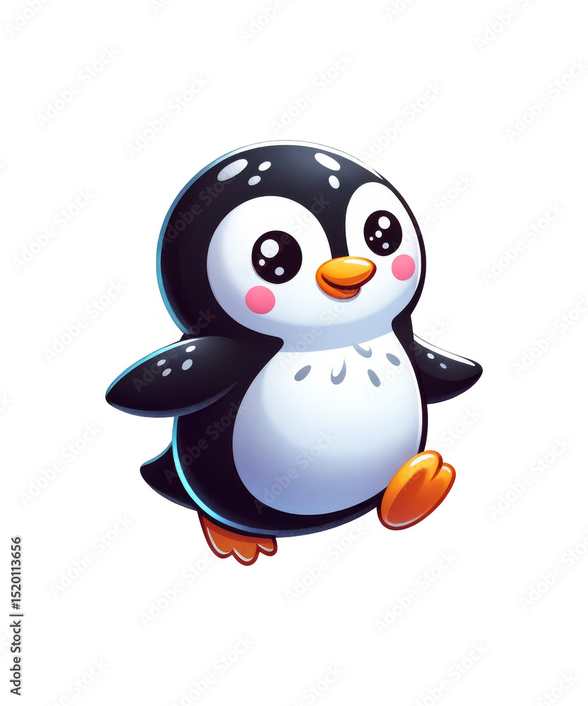 Fototapeta premium Cute cartoon snowman on the snow with a broom and scarf, enjoying the fun of winter holidays with happy penguins