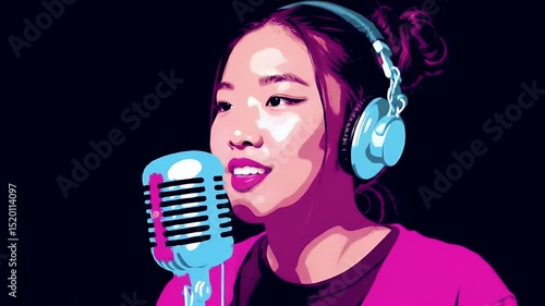 Pixelated Graphic of a Young Woman Singing into Microphone with Headphones On