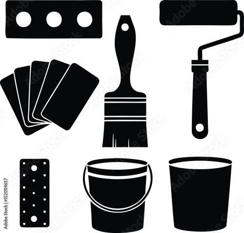 Vector icon set of home painting supplies including rollers, buckets, brushes, palettes, and color swatches, perfect for DIY renovation illustrations, wall paint guides, and home makeover branding