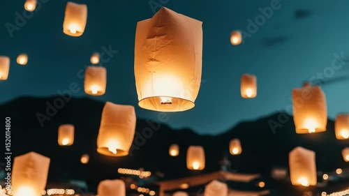 Sky lanterns floating in the night sky